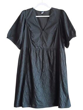 OLD NAVY Dress V Neck Eyelet Mini Embroidered Puff Sleeve Black XL
